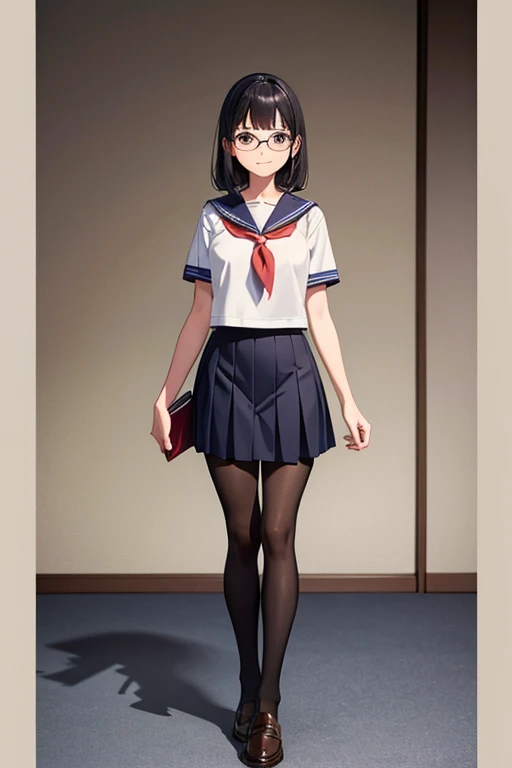 Anime Art、Full body portrait、high 、A well-built woman, about 175 cm tall and about 18 years old, wearing a short-sleeved sailor uniform and a long skirt that reaches down to her ankles, walking with a book、Smiling、Hairstyle is medium、Black Hair、Glasses、Brown eyes、Flat chest、loafers、Thicker legs、Black Pantyhose