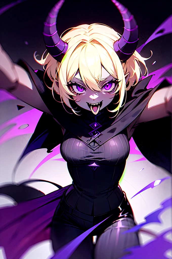 black demon woman with black skin, purple stripes, purple eyes, short black horns, terrifying mouth, purple energy, purple ripped pants, tail, dark gray cape, blonde hair with black