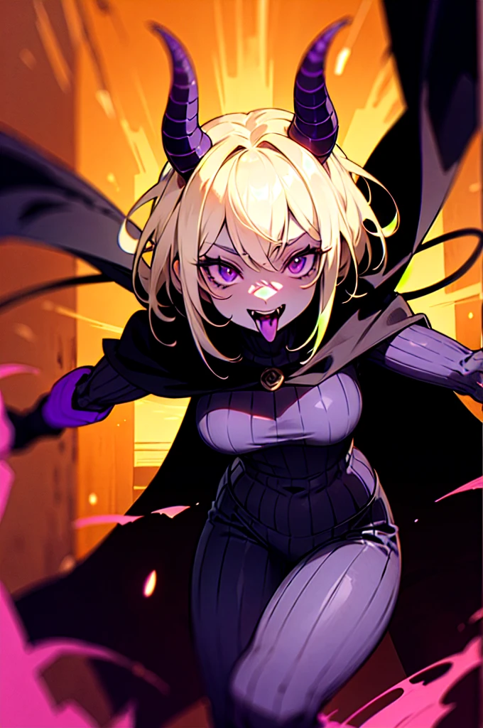 black demon woman with black skin, purple stripes, purple eyes, short black horns, terrifying mouth, purple energy, purple ripped pants, tail, dark gray cape, blonde hair with black