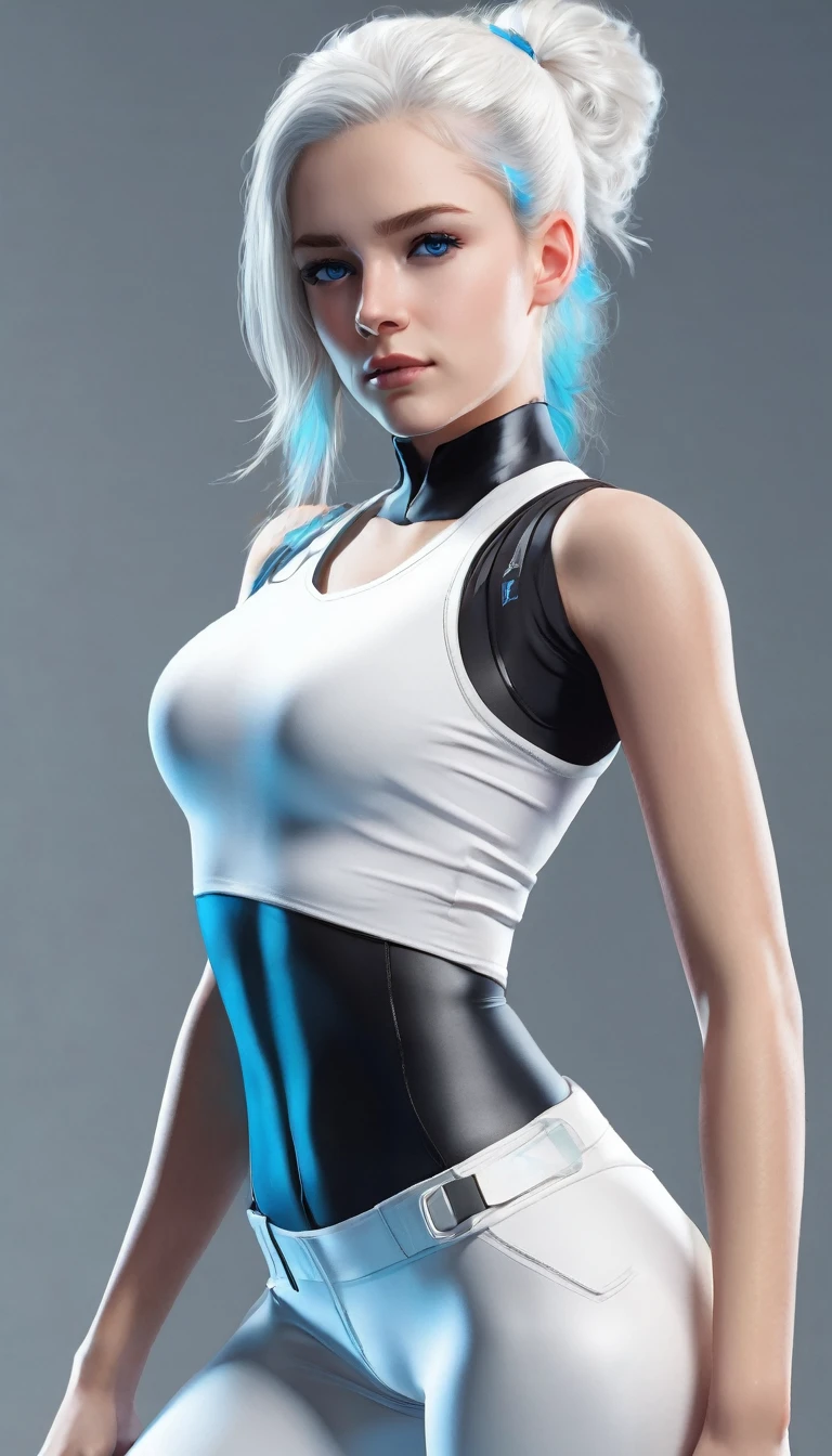  girl with white hair up ,White skin, blue eyes and with lycra and white top full body 