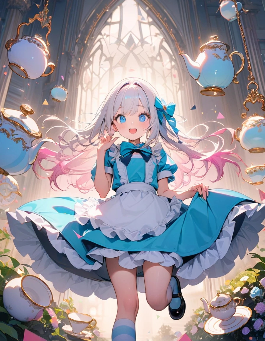 (8K, best quality, master piece: 1.2),triangular composition,1 cute Alice,独奏,super high resolution, ultra-detailed face, detailed eyes,lash extension,perfect hands,black facinator ribbon decoration:1.2,perfect fingers,blue eyes,gradient hair(white hair, light pink hair) , long hair, Aqua Lolita fashion, white frilled apron,happy, Alice costume,striped pattern over-kneehighs,mary janes,teacup and teapot and Pocket watch are floating in the air,Alice is flying and dynamic pose,rim light, cute, Look at viewer,garden