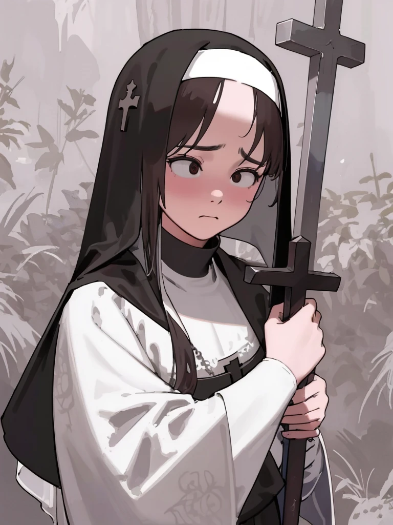 Create a highly detailed illustration of a young female character dressed in a traditional nun's habit in black and white. She has long dark hair and is holding a large, intricately designed cross. The character also wields a large, ornate sword. Her expression is calm but intense, conveying a sense of strength and determination. The overall color scheme should be dark and somber, with a medieval and religious atmosphere. The style should be detailed and majestic, highlighting the character's powerful presence.