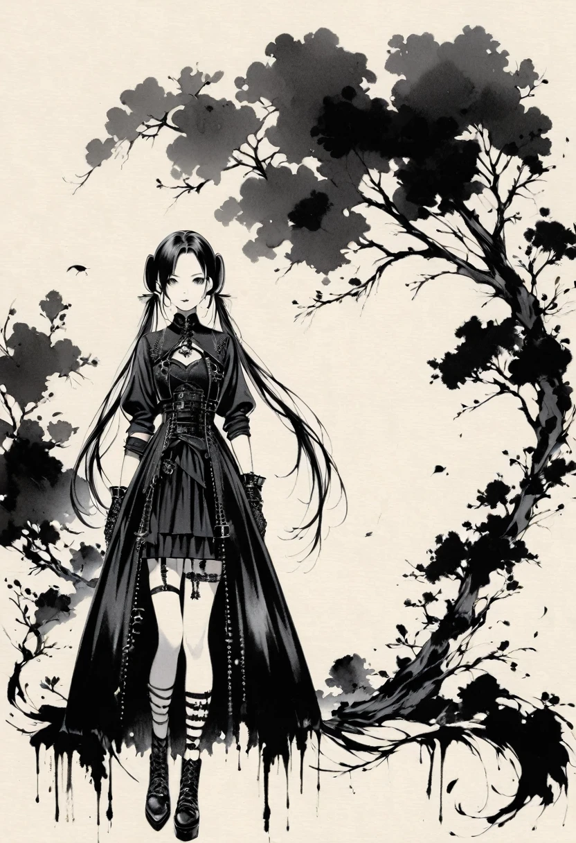 a girl with long twin pigtails, gothic fashion, minimalist, black and white, line art, lots of negative space, ink wash painting