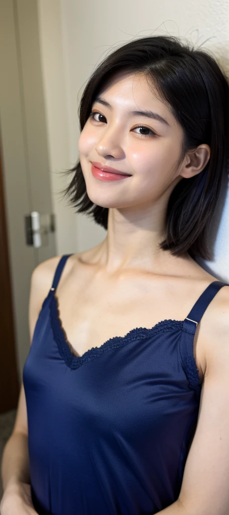 ((best quality)), ((masterpiece)), (detailed), perfect face, slim age girl, Korean girl, preety face, boy torso, detailed face, ((full body)), slim body, flat chest, short hair, her face was in love, she was facing screen, she was looking at screen with admiration, beautiful dark blue Sleeveless sleeping pajama, milk white skin, glowing skin,she was smiling at me, armpit, detailed armpit