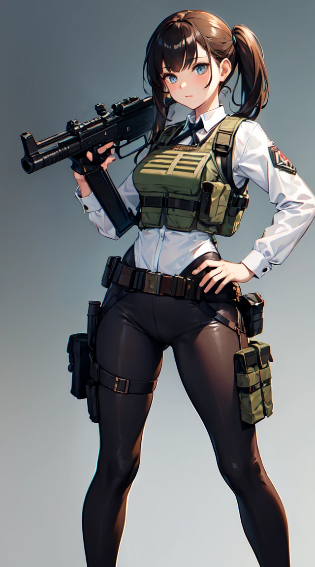 Masterpiece,a girl with Semi-auto rifle,bulletproof vest,tactical,brown leggings,