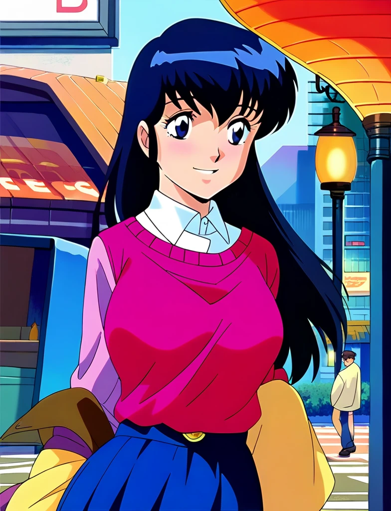 Kyoko,score_9,score_8_superior,score_7_superior,sauce_anime,One girl,alone,View your viewers,city,Streetscape of the 1980s,asphalt paved,paved,lamp post,force_line,Orange sky,evening,Pink Sweater,White collared shirt,length_skirt,blue skirt,cowboy_shot,Front view,Are standing,smile,:d,arms_behind_return,kneel、Grasping the penis、