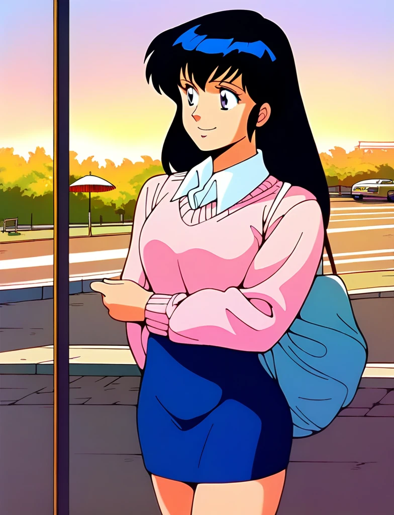 Kyoko,score_9,score_8_superior,score_7_superior,sauce_anime,One girl,alone,View your viewers,city,Streetscape of the 1980s,asphalt paved,paved,lamp post,force_line,Orange sky,evening,Pink Sweater,White collared shirt,length_skirt,blue skirt,cowboy_shot,Front view,Are standing,smile,:d,arms_behind_return,kneel、Grasping the penis、