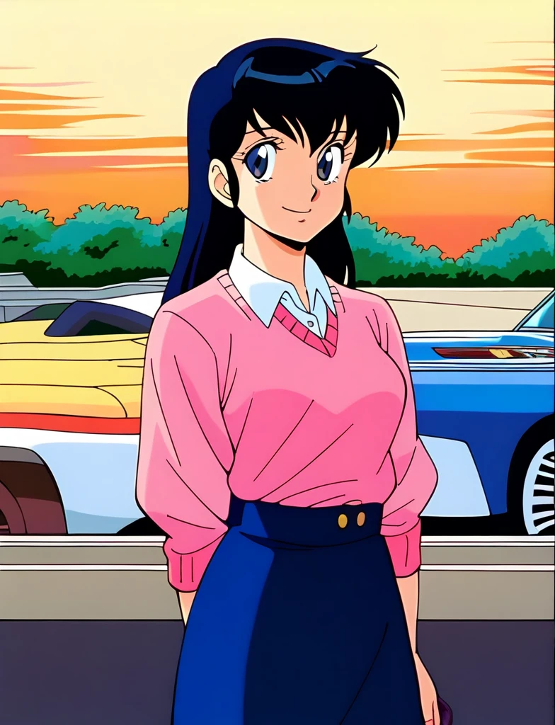 Kyoko,score_9,score_8_superior,score_7_superior,sauce_anime,One girl,alone,View your viewers,city,Streetscape of the 1980s,asphalt paved,paved,lamp post,force_line,Orange sky,evening,Pink Sweater,White collared shirt,length_skirt,blue skirt,cowboy_shot,Front view,Are standing,smile,:d,arms_behind_return,kneel、Grasping the penis、