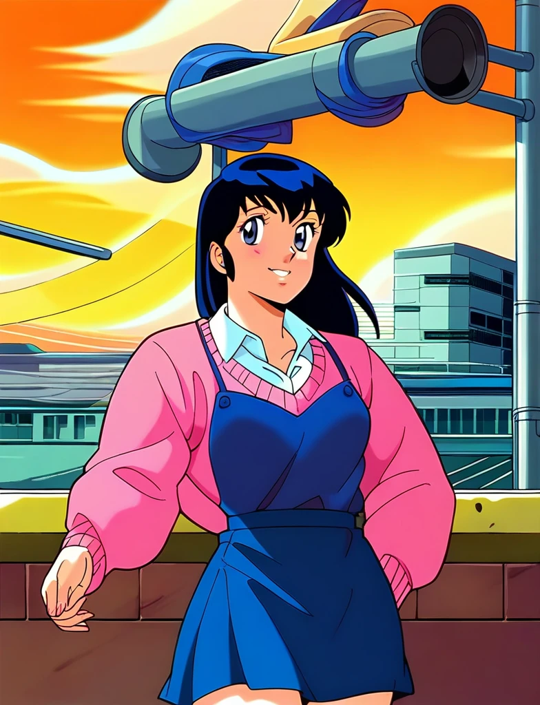 Kyoko,score_9,score_8_superior,score_7_superior,sauce_anime,One girl,alone,View your viewers,city,Streetscape of the 1980s,asphalt paved,paved,lamp post,force_line,Orange sky,evening,Pink Sweater,White collared shirt,length_skirt,blue skirt,cowboy_shot,Front view,Are standing,smile,:d,arms_behind_return,kneel、Grasping the penis、