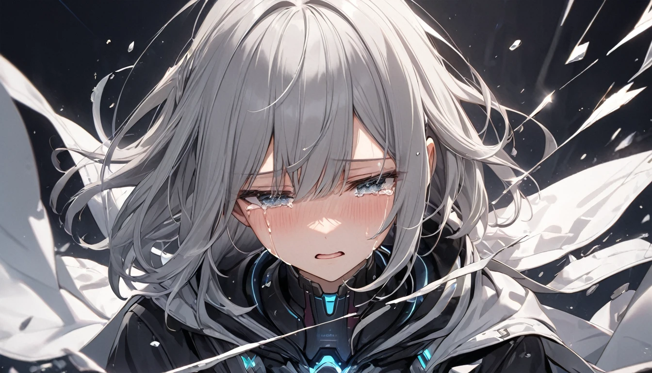 (Highest quality), Android,Girl,Grey Hair,Breaking,Tears,ephemeral