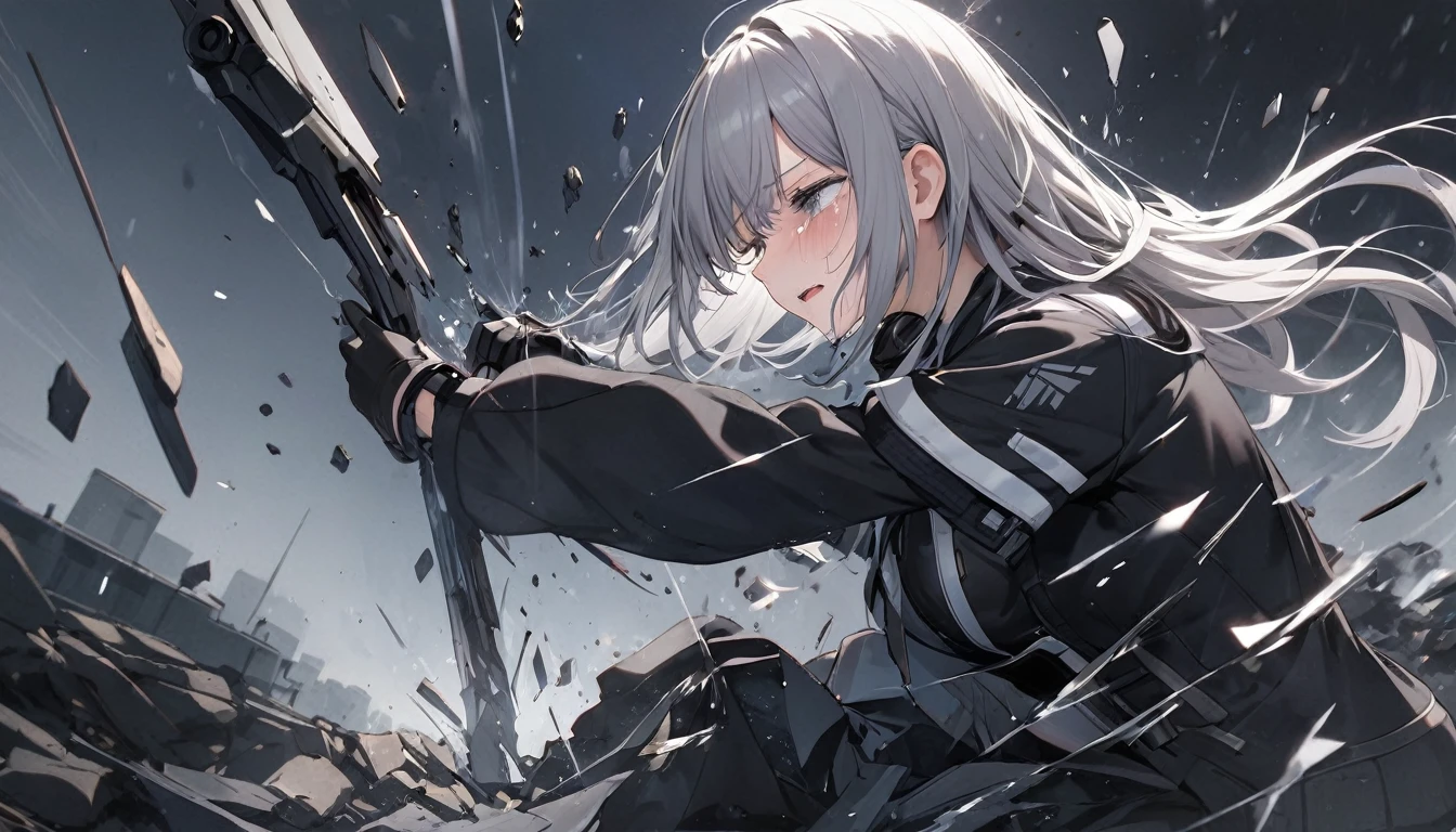 (Highest quality), Android,Girl,Grey Hair,Breaking,Tears,ephemeral