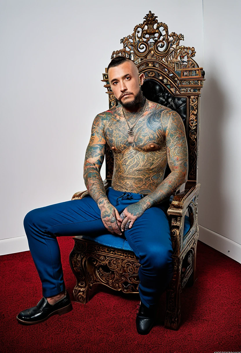 arafed man with tattoos sitting in a chair with a tattoo on his arm, tattooed man, sitting on the porcelain throne, sitting in his chair. intricate, sitting on intricate throne, sitting on throne, sitting on the throne, sitting on a throne, full body greg rutkowski, with tattoos, tattooed, sit on throne, inked, sitting on his throne