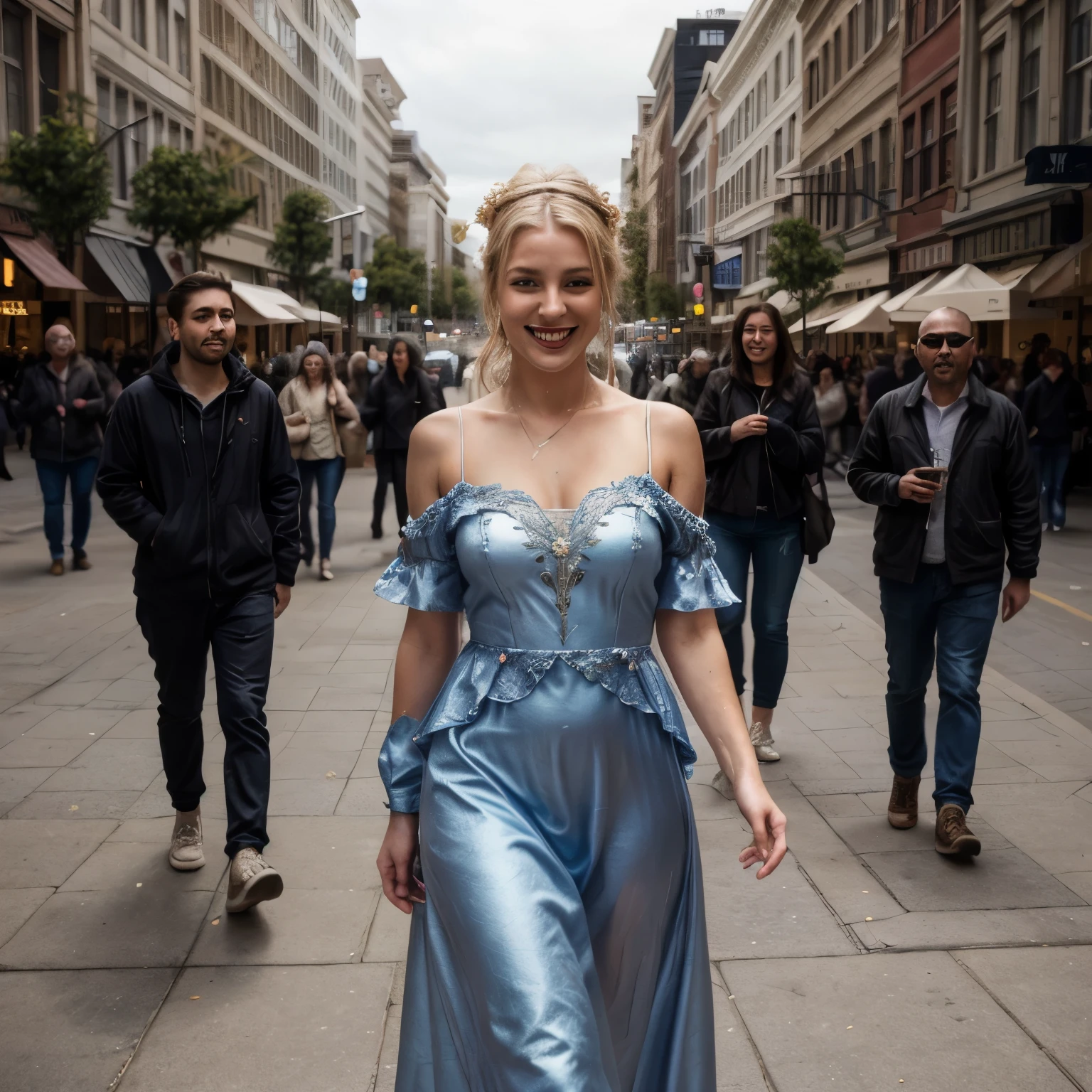 Best Quality, Masterpiece, Ultra High Resolution, (Realism: 1.4), Original Photo, 1woman suddle smiling blond LaGermania, walking through Union Square, San Francisco, 2024. She is wearing an elaborate Rococo gown, with layers of silk, lace, and ribbons, entirely inappropriate for the bustling shopping district. The gown is a rich sapphire blue, with silver embroidery and delicate lace trim. Her hair is styled in an elaborate updo, with a few wet strands escaping and sticking to her face. The voluminous gown clings to her damp form, the delicate fabric and intricate detailing contrasting sharply with the modern storefronts and shoppers in casual clothing. The sun is shining brightly, casting long shadows on the pavement and illuminating the vibrant colors of her dress. LaGermania's joyful smile and the dynamic urban scene create a visually amusing and captivating contrast, blending the elegance of the past with the vibrancy of the present. The sounds of street performers, traffic, and the chatter of shoppers fill the air, adding to the sensory richness of the scene.