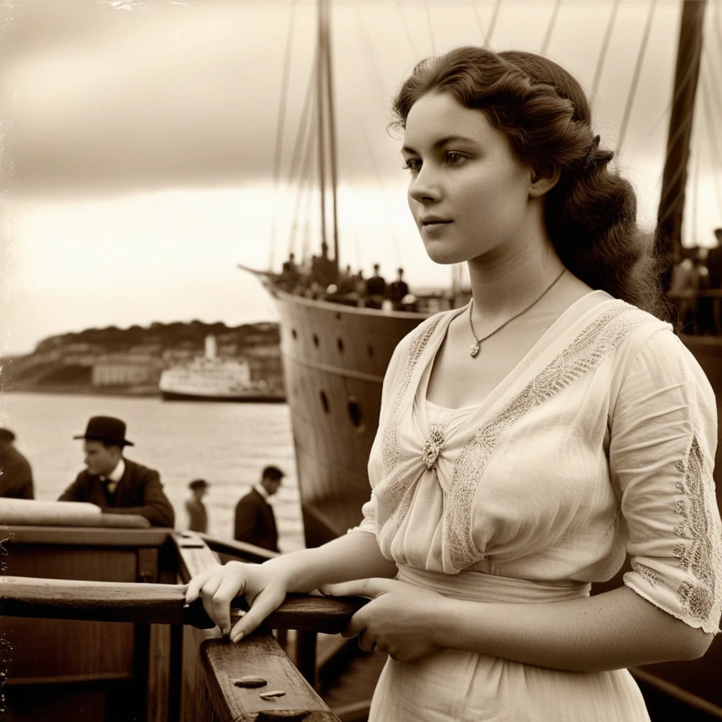 portrait, Oblique Angle of a woman 50+ y.o., in a red dress, highly detailed face, candid pose, standing on a ship with arms spread wide, as the heroine of the film "Titanic", rich colours, standing on the deck of a ship, On a bright day, Happy,