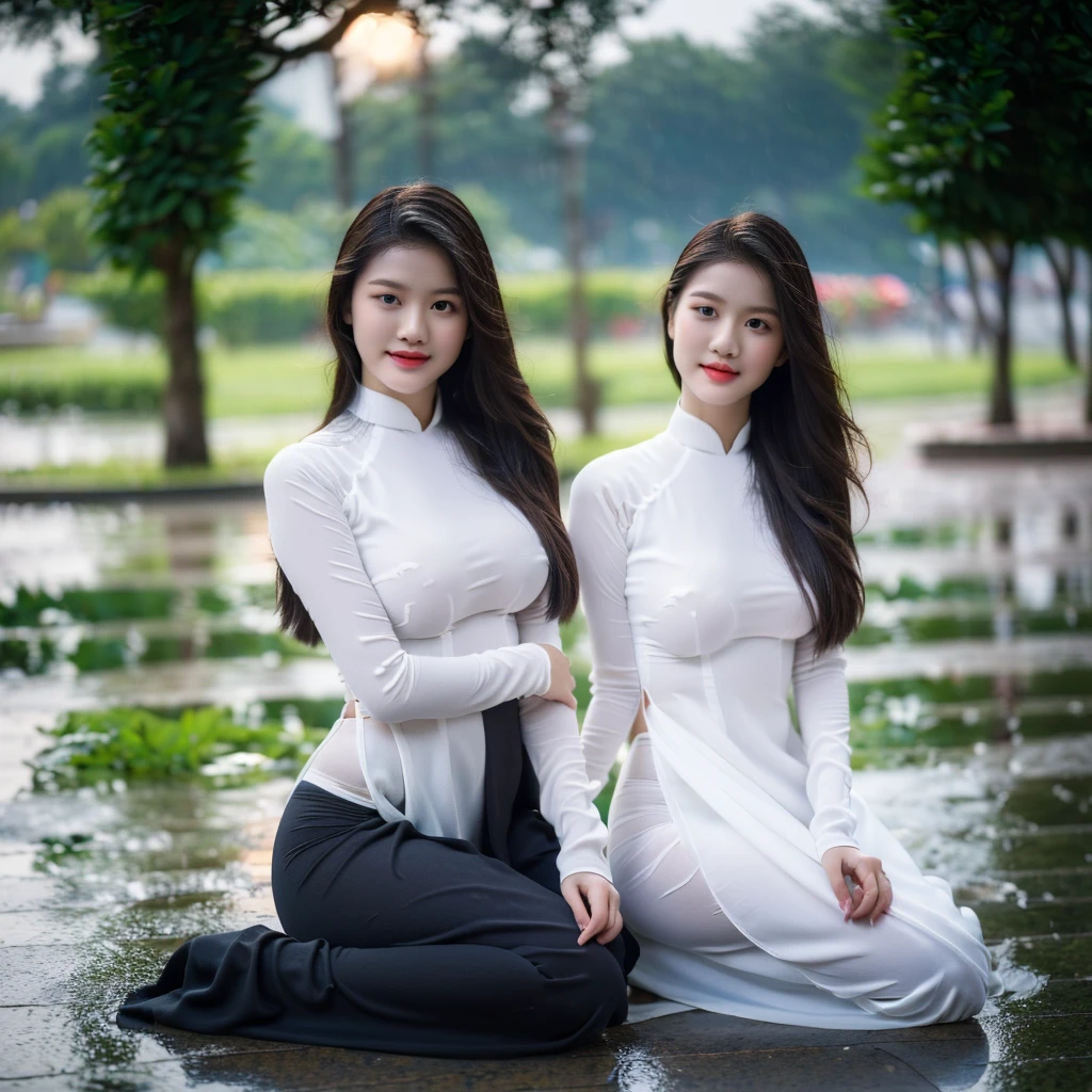 ((Ao Dai without pants, black panties, big breasts, beautiful breasts, beautiful small nipples, sitting in the rain, 8k quality photo with good details))