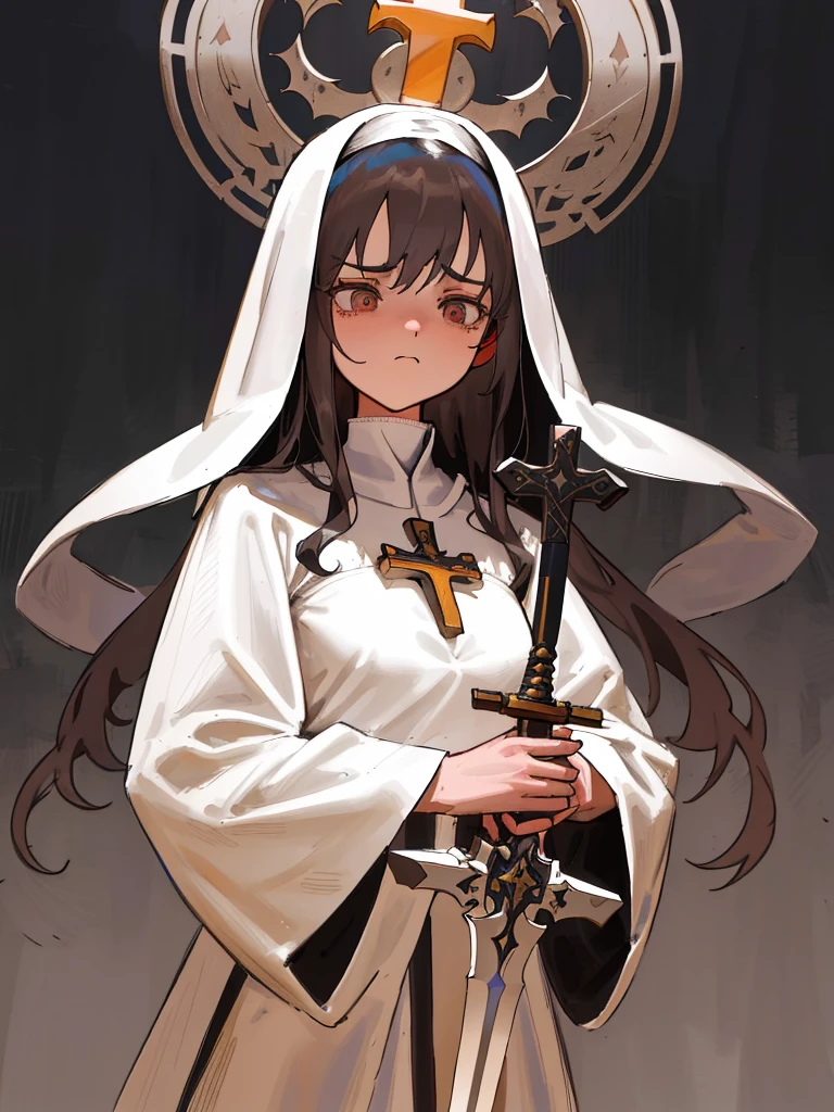 Create a highly detailed illustration of a young female character dressed in a traditional nun's habit in black and white. She has long dark hair and is holding a large, intricately designed cross. The character also wields a large, ornate sword. Her expression is calm but intense, conveying a sense of strength and determination. The overall color scheme should be dark and somber, with a medieval and religious atmosphere. The style should be detailed and majestic, highlighting the character's powerful presence.