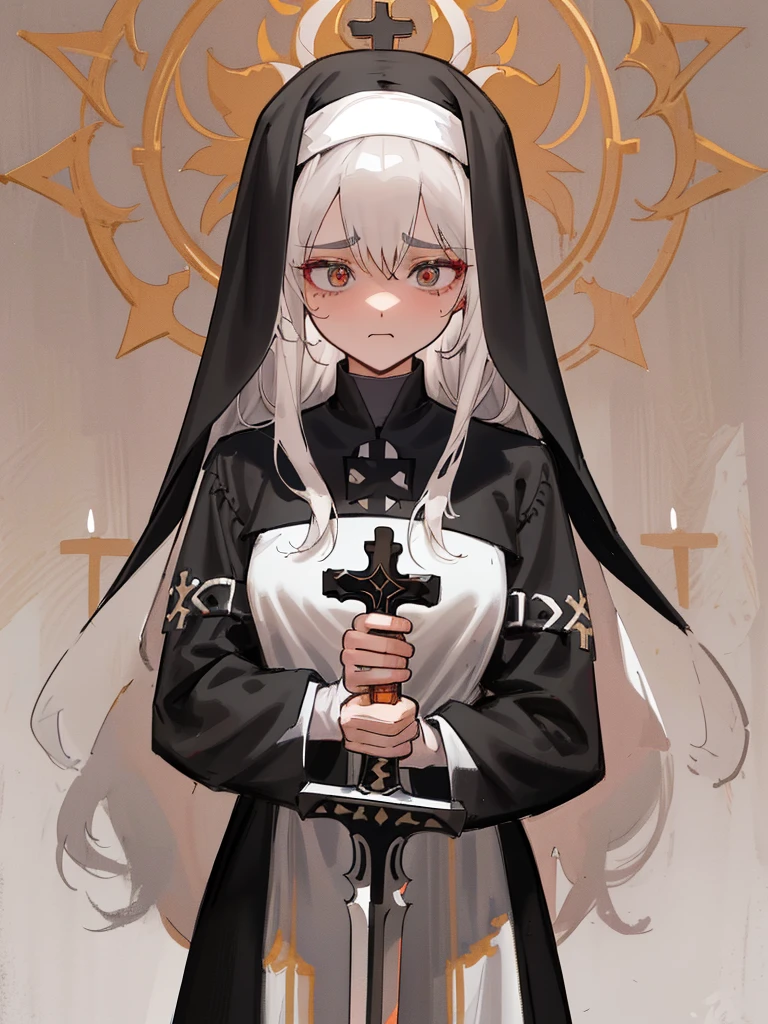 Create a highly detailed illustration of a young female character dressed in a traditional nun's habit in black and white. She has long dark hair and is holding a large, intricately designed cross. The character also wields a large, ornate sword. Her expression is calm but intense, conveying a sense of strength and determination. The overall color scheme should be dark and somber, with a medieval and religious atmosphere. The style should be detailed and majestic, highlighting the character's powerful presence.