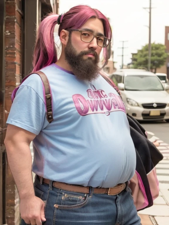 Glasses, beard, Brown eyes, Fat, 1 boy, Fashion Model, ((Twin tails)), (long hair), (Cowboy Shot), ((Pink Hair)), ((Light blue side hair)),