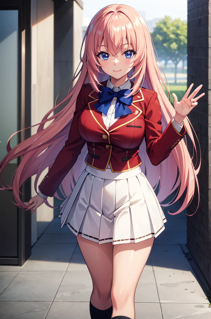 (masterpiece:1.3), (best quality:1.1), (8k, ultra detailed, ultra high res:1.2), ((anime style)), perfect 5 fingers, perfect anatomy, 
1girl,
Ichinose honami \(youjitsu\),
long hair, 
pink hair, 
blue eyes, round eyes, tareme, 
blue bow, 
large breasts, 
red jacket, long sleeves, white skirt, pleated skirt, black calf socks, 
looking at viewer, 
cowboy shot, waving
(smile:1.1), 
BREAK standing, perfect light, (detailed background:1.2), outside, outdoors, 