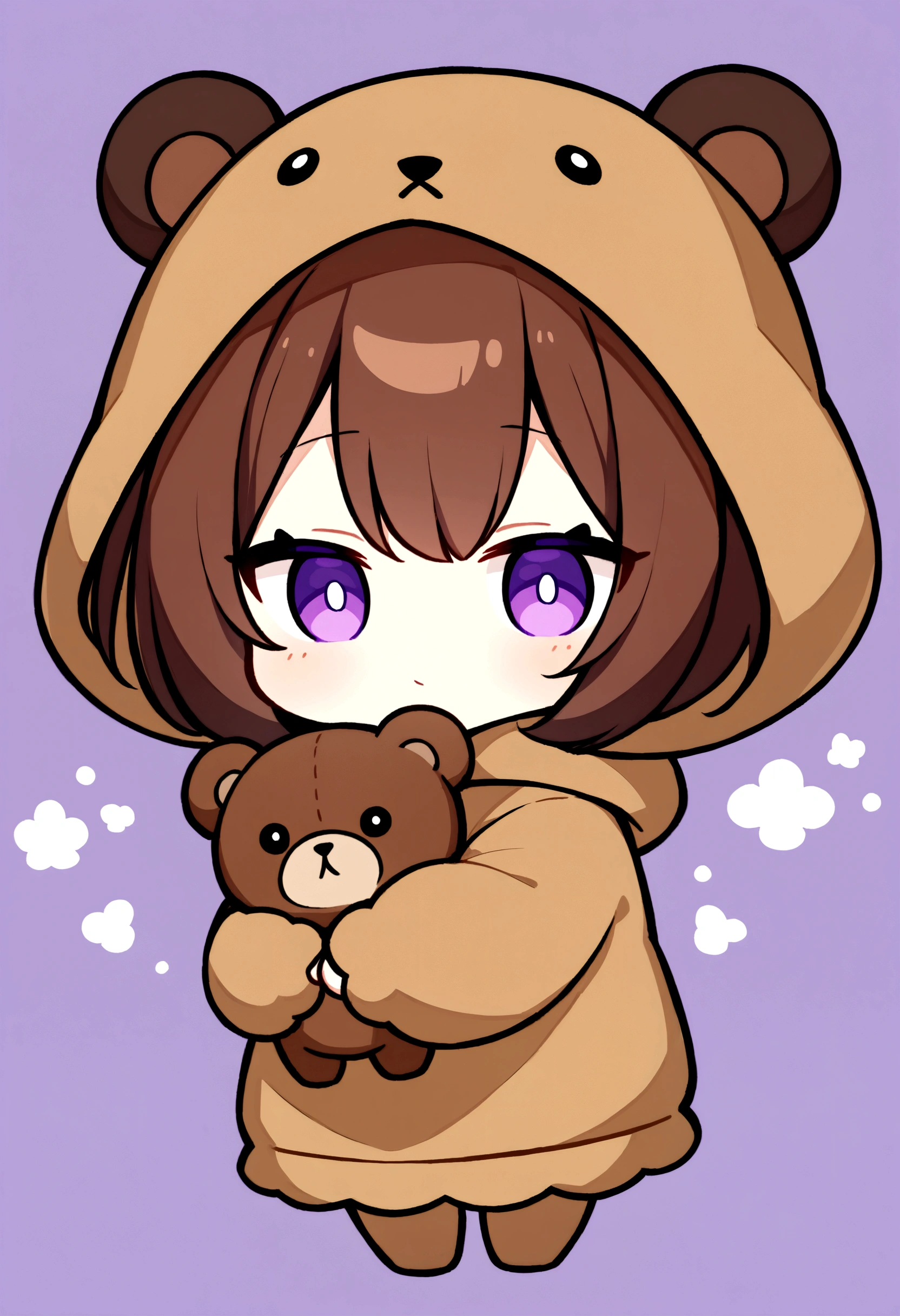 masterpiece, (Highest quality), ((Most detailed)), Brown bear hood、Brown Hair、Wearing a bear hood、whole body、Chibi Character、２Head to Body、Brown bear hoodパーカーを被る、Bear Ears、Purple Eyes、Purple solid background、Illustration icon、Brown long hair、Brown fluffy hoodie、Wave、Bear hooded blanket、whole bodyモコモコの服、Holding a stuffed bear、Wearing a brown hoodie with bear ears