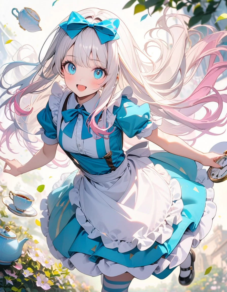 (8K, best quality, master piece: 1.2),triangular composition,1 cute Alice,独奏,super high resolution, ultra-detailed face, detailed eyes,lash extension,perfect hands,black facinator ribbon decoration:1.2,perfect fingers,blue eyes,gradient hair(white hair, light pink hair) , long hair, Aqua Lolita fashion, white frilled apron,happy, Alice costume,striped pattern over-kneehighs,mary janes,teacup and teapot and Pocket watch are floating in the air,Alice is flying and dynamic pose,rim light, cute, Look at viewer,garden