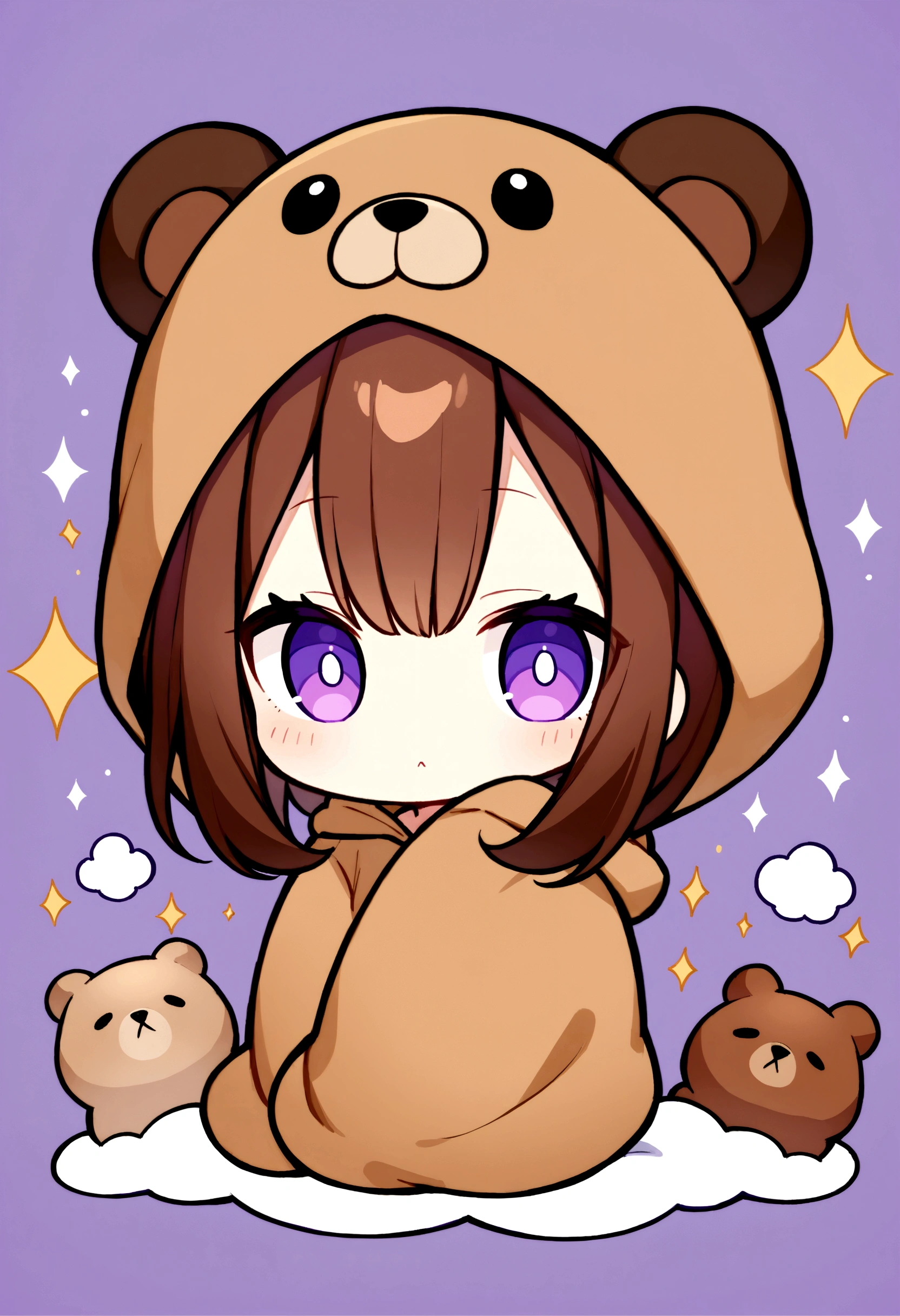 masterpiece, (Highest quality), ((Most detailed)), Brown bear hood、Brown Hair、Wearing a bear hood、whole body、Chibi Character、２Head to Body、Brown bear hoodパーカーを被る、Bear Ears、Purple Eyes、Purple solid background、Illustration icon、Brown long hair、Brown fluffy hoodie、Wave、Bear hooded blanket、whole bodyモコモコの服、Holding a stuffed bear、Wearing a brown hoodie with bear ears