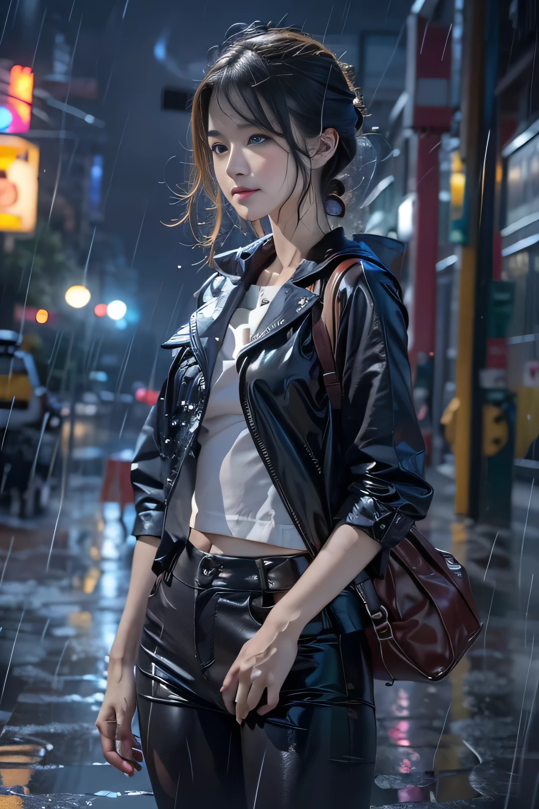 (RAW shooting, Photorealistic:1.5, 8k, highest quality, masterpiece, Ultra-high resolution), Perfect dynamic composition:1.2, Night Street Corner, Look up at the sky, (((Typhoon heavy rain))), Highly detailed skin and facial textures:1.2, A slim high school girl wet with rain:1.3, Short Hair, Sexy beauty:1.1, Perfect Style:1.2, beautifully、aesthetic:1.1, Fair skin, Very beautiful face, (Water droplets on the skin, Rain dripping down on my body:1.2, Wet Hair:1.4, Wet uniform:1.2), (Mid-chest, Good transparency, Chest gap), (Embarrassed smile, Her facial expression when she felt intense caressing, Facial expressions when feeling happy), (Beautiful Blue Eyes, Beautiful erotic eyes:0.8), (Too erotic:0.9, Fascinating:0.9), Cowboy Shot, Student Bags