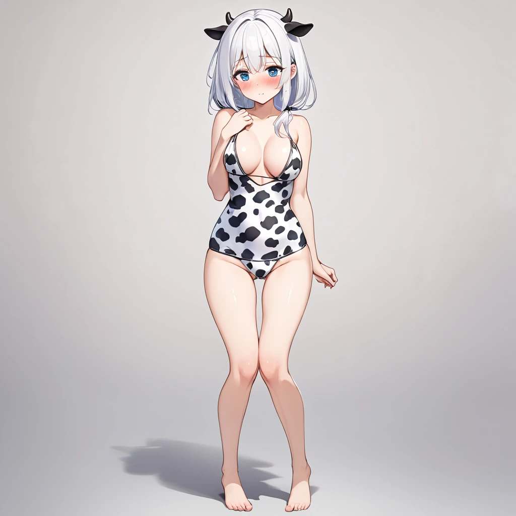 NSFW, white hair, blue eyes, medium straight hair, medium bust, adult female, solo, full body, blushing, shy, cow print underwear