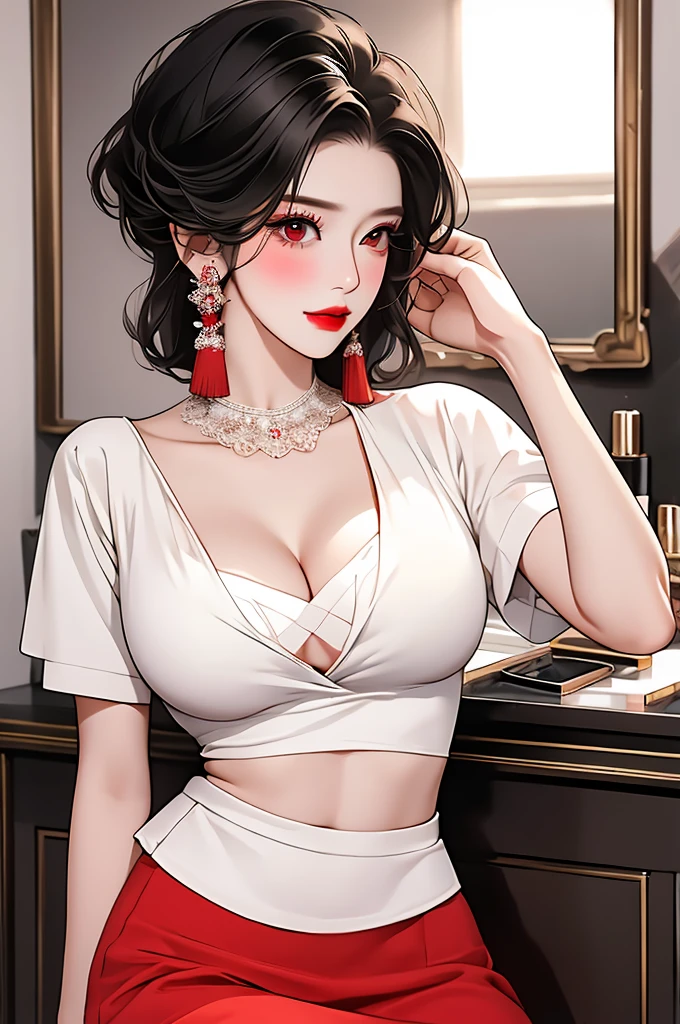 Masterpiece, best quality, 8K, high tone, super detail, Hot sexy beautiful cute mature milf , tassel earrings,big breasts, lipstick,makeup, black hair ,blush,short hair , red eyes,makeup,red lipstick , white shirt,skirt stocking,big breasts, cleavage ,upper body