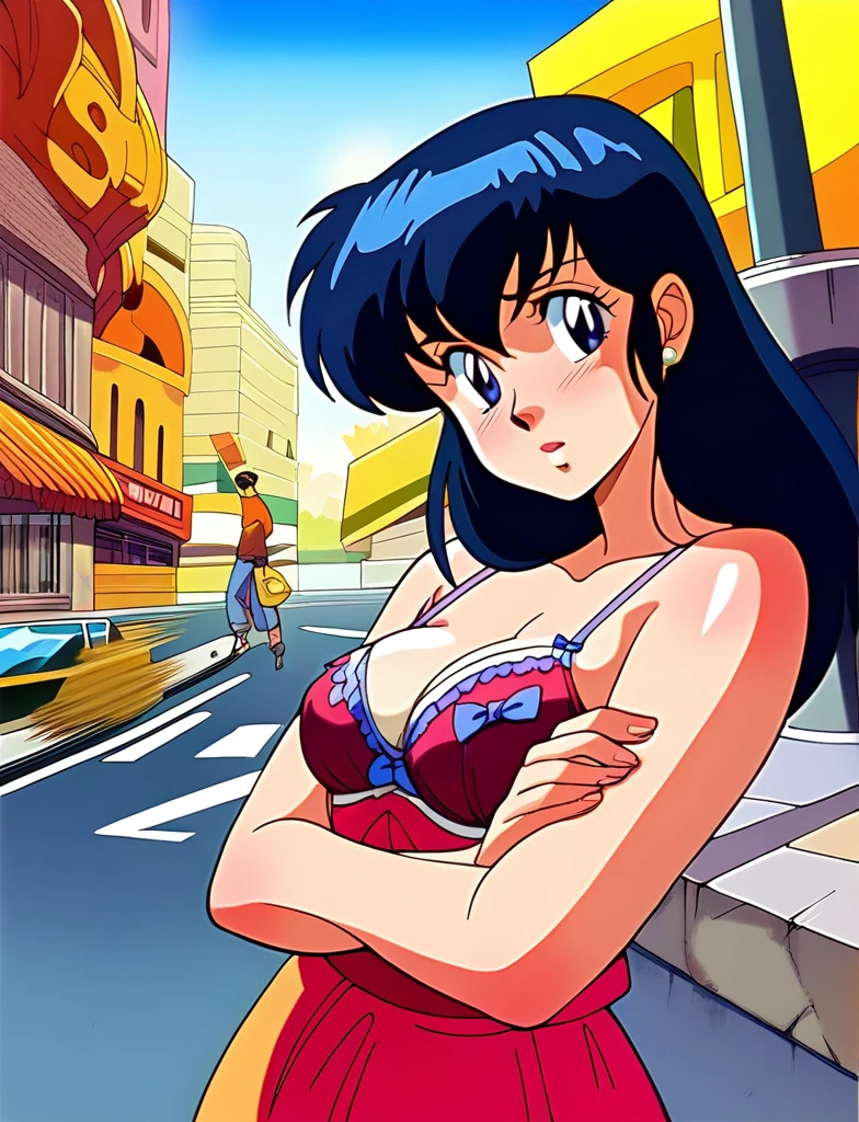 Kyoko,score_9,score_8_superior,score_7_superior,sauce_anime,One girl,alone,View your viewers,city,Streetscape of the 1980s,asphalt paved,paved,lamp post,force_line,Orange sky,evening,Panties、bra、Lonely face、:d,arms_behind_return,