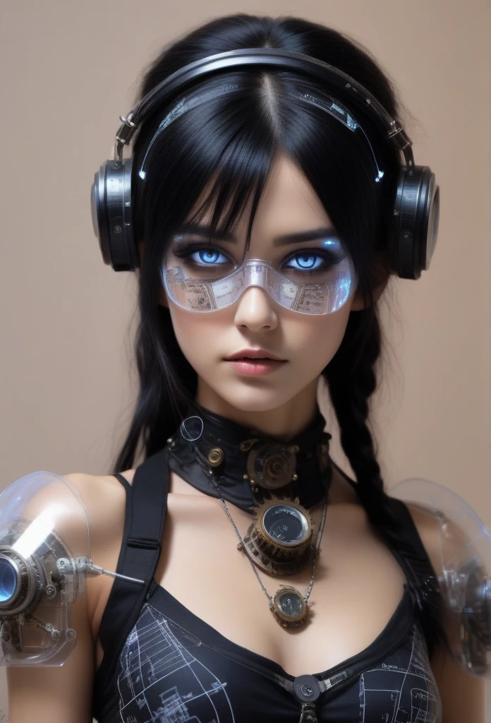 ampereart dancer in a full of electrical diagrams, very realistic <lora:ampereart:0.9 neon Transparent eye shield fashion show Black Hair steampunk アジア人
