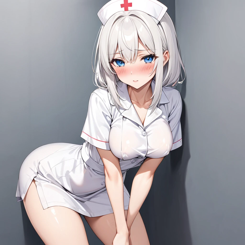 NSFW, white hair, blue eyes, medium straight hair, medium bust, adult female, solo, full body, blushing, shy, sexy nurse