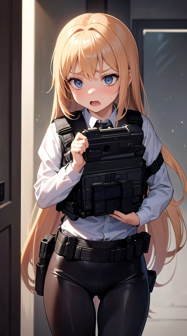 Masterpiece,a girl with Semi-auto rifle,bulletproof vest,tactical,brown leggings,long straight hair,(scared:1.4)