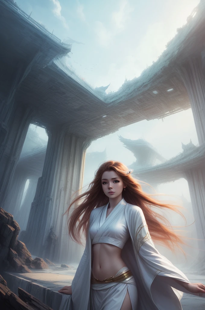 (high quality, ArtStation, Relax Art, fantasy style, abstract architecture), (A beautiful cute girl), (long messy ginger hair), (white kimono, navel)