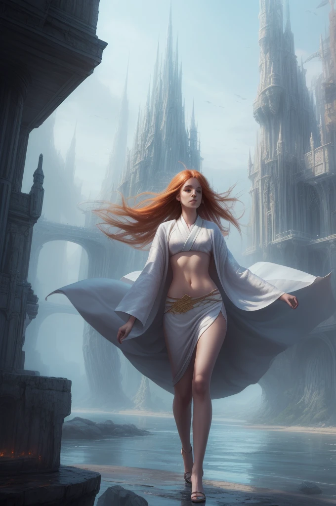 (high quality, ArtStation, Relax Art, fantasy style, abstract architecture), (A beautiful cute girl), (long messy ginger hair), (white kimono, navel)