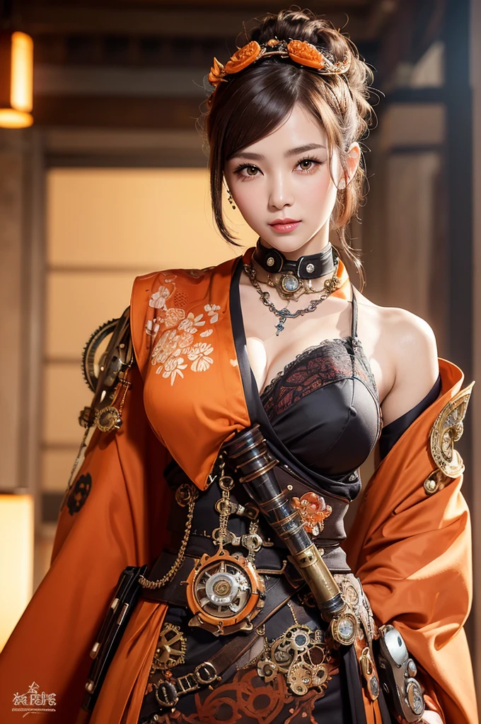Woman portrait、Highest quality、Rear view、8K, clear, Fine skin、Clear, beautiful eyes、The beauty of a smile、Bright beautiful face,whole body,Curly Hair、My hair was messed up by the wind、(Glamorous Muscle、tall),(Hip_superior, Hip superior), Mature Woman,( Watching the audience),Realistic, High resolution, Soft Light,1 female, One person, Perfect Style, Perfect balance,(Brown hair),,Fine Skin, Naughty look,((Kalocsa embroidery、Steampunk kimono)),(Sailor-style kimono with orange steampunk collar,白のスチームパンクのSteampunk kimono, High-tech Mecha,Beautiful steampunk cyborg woman on white,Steampunk Mecha Cyborg Girl,Steampunk orange insect kimono、hairclip,gloves、Luxurious obi,Lavish decoration、spikes,beads,elbow gloves,Chastity belt),((arms behind back)),(bokeh),(studio lighting)