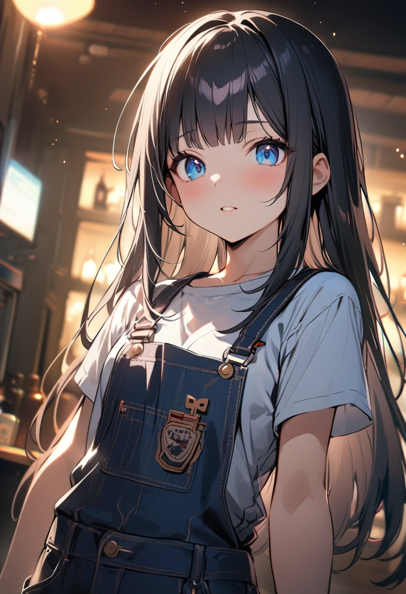 1 girl, long hair, black hair, straight hair, short bangs above brows, blue eyes, 
BREAK (masterpiece), (high resolution 8K), cinematic lighting, professional lighting, detailed eyes and face, detailed body, 
BREAK overalls, 