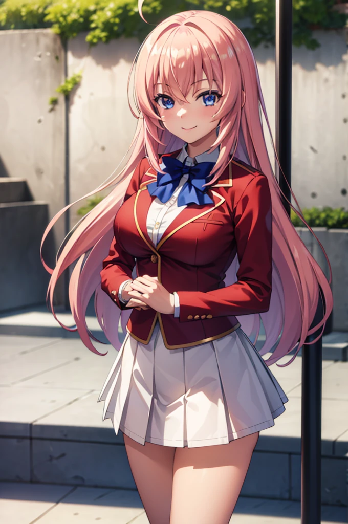 (masterpiece:1.3), (best quality:1.1), (8k, ultra detailed, ultra high res:1.2), (anime style), perfect 5 fingers, perfect anatomy, 
1girl,
Ichinose honami \(youjitsu\),
long hair, 
pink hair, 
blue eyes, round eyes, tareme, 
blue bow, 
large breasts, 
red jacket, long sleeves, white skirt, pleated skirt, black calf socks, 
looking at viewer, 
cowboy shot, waving
(smile:1.1), 
BREAK standing, perfect light, (detailed background:1.2), outside, outdoors, 