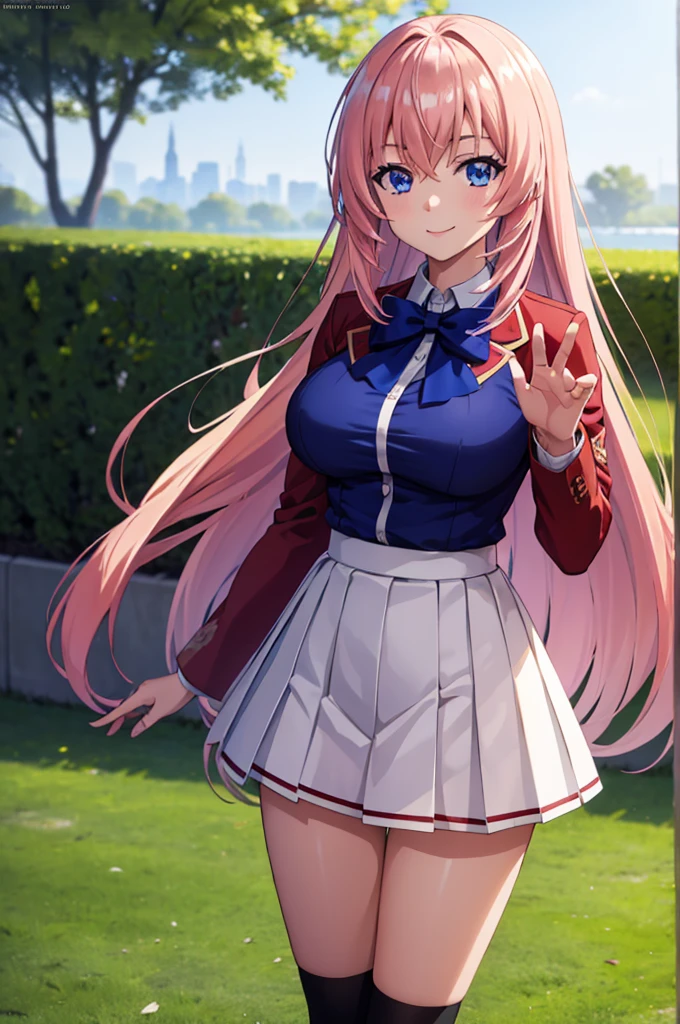 (masterpiece:1.3), (best quality:1.1), (8k, ultra detailed, ultra high res:1.2), (anime style), perfect 5 fingers, perfect anatomy, 
1girl,
Ichinose honami \(youjitsu\),
long hair, 
pink hair, 
blue eyes, round eyes, tareme, 
blue bow, 
large breasts, 
red jacket, long sleeves, white skirt, pleated skirt, black calf socks, 
looking at viewer, 
cowboy shot, waving
(smile:1.1), 
BREAK standing, perfect light, (detailed background:1.2), outside, outdoors, 