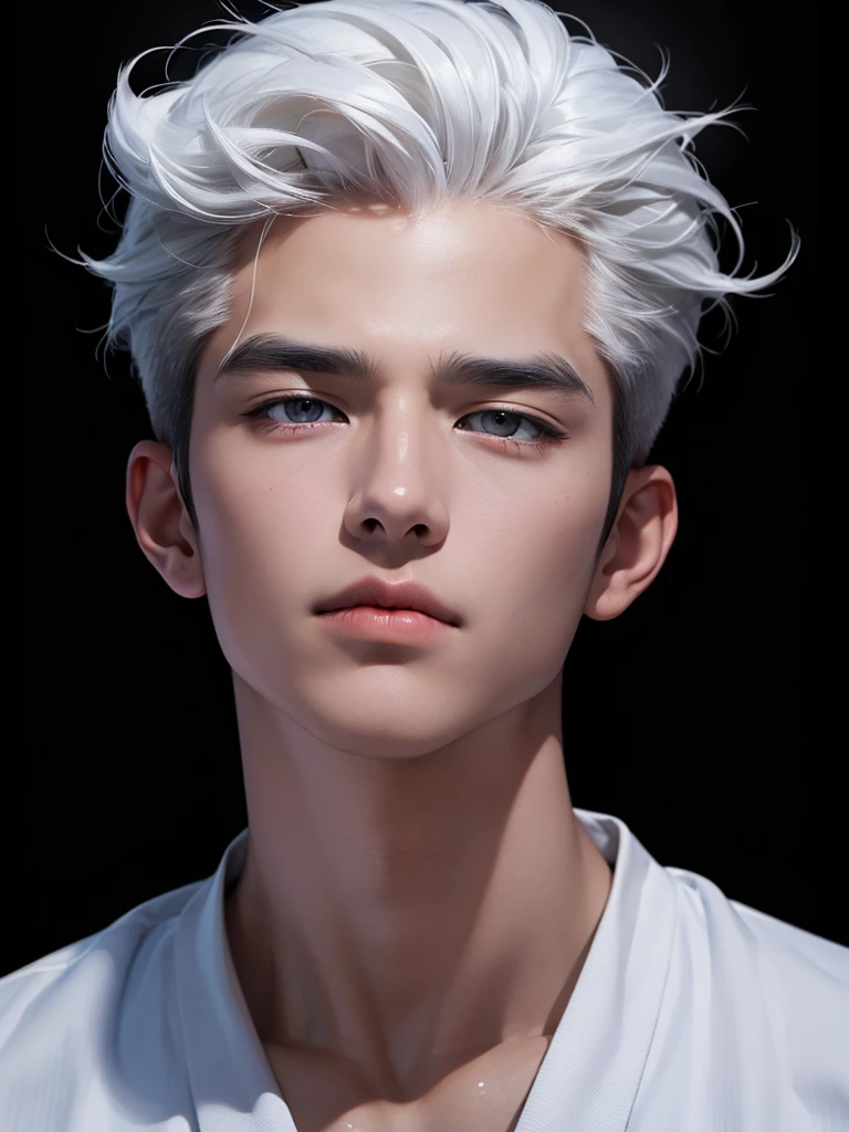 ((best quality, 8K, masterpiece: 1.3)), (sharp focus: 1.2), Korean Men, matchless, white hair, Temptation, Calm head, black shirt, black background, White skin, natural expression, Cute face, Composition looking up, Asian face