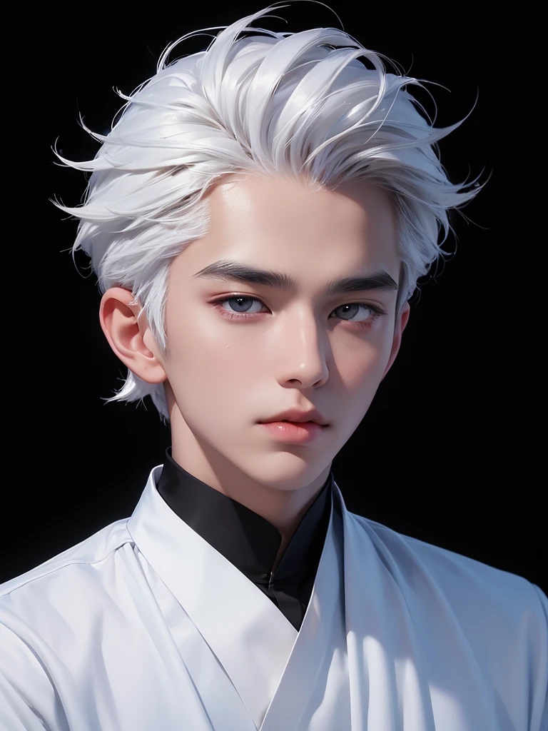 ((best quality, 8K, masterpiece: 1.3)), (sharp focus: 1.2), Korean Men, matchless, white hair, Temptation, Calm head, black shirt, black background, White skin, natural expression, Cute face, Composition looking up, Asian face