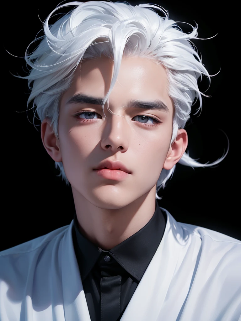((best quality, 8K, masterpiece: 1.3)), (sharp focus: 1.2), Korean Men, matchless, white hair, Temptation, Calm head, black shirt, black background, White skin, natural expression, Cute face, Composition looking up, Asian face