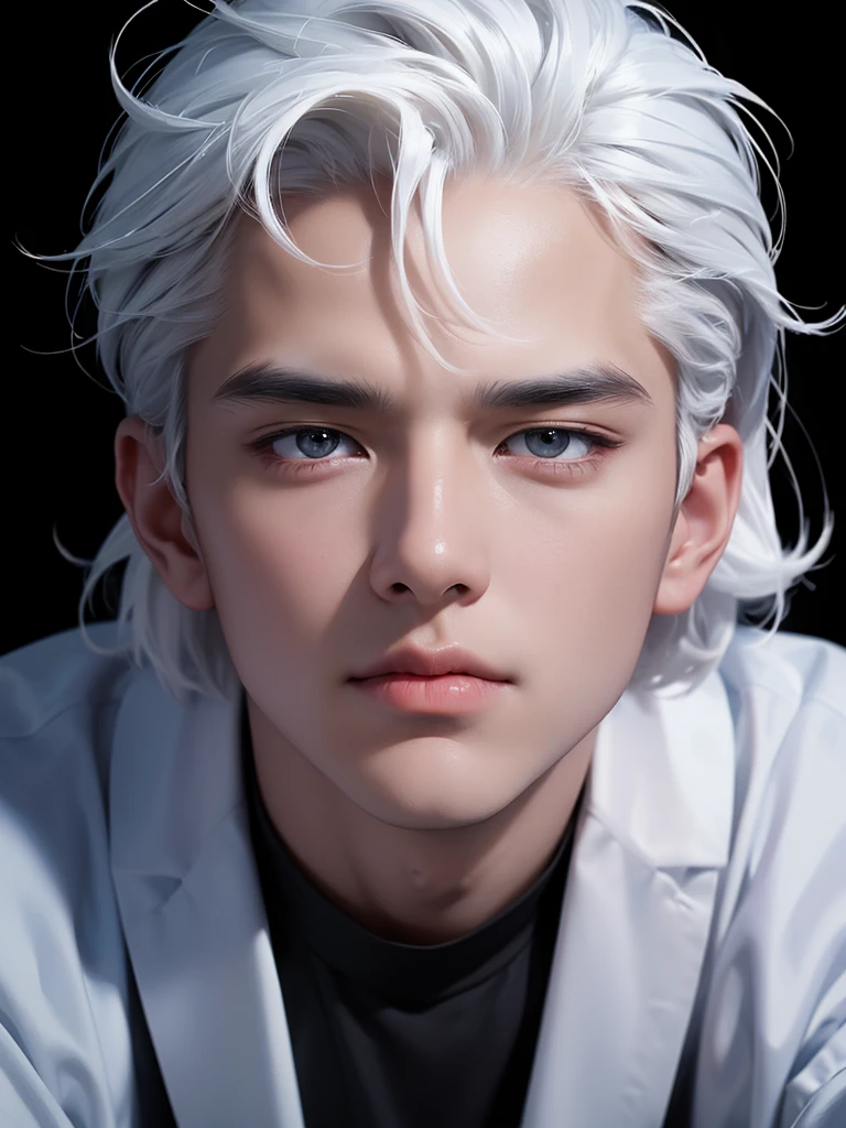 ((best quality, 8K, masterpiece: 1.3)), (sharp focus: 1.2), Korean Men, matchless, white hair, Temptation, Calm head, black shirt, black background, White skin, natural expression, Cute face, Composition looking up, Asian face