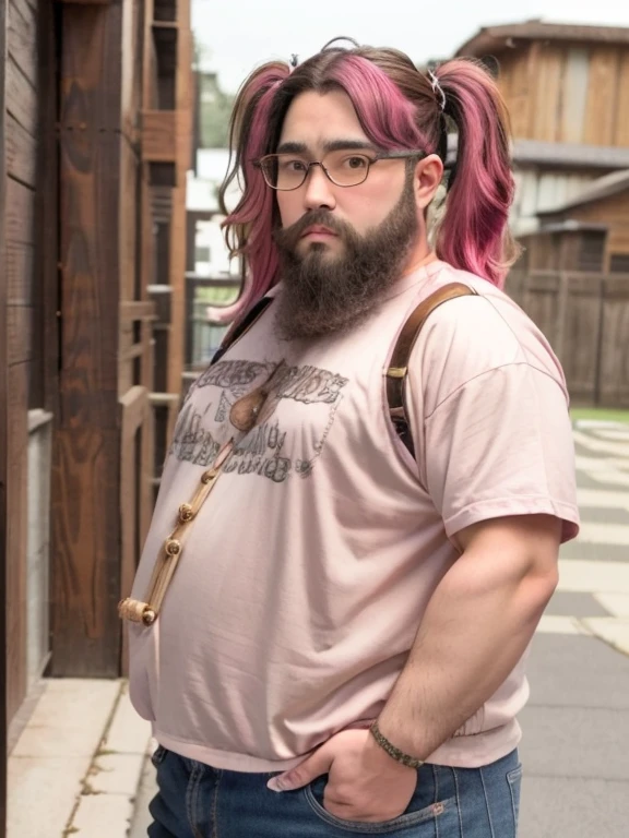 Glasses, beard, Brown eyes, Fat, 1 boy, Fashion Model, ((Twin tails)), (long hair), (Cowboy Shot), ((Light blue hair)), Aloha Shirt