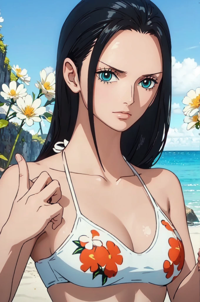 best quality, masterpiece, over  the  sea,1girl (((white bikini swimsuit、flowers printed)))、Beautiful sunlight on the beach, One Piece character Nico Robin, long black hair, extremely beautiful, looking at the viewer, standing in a bikini.(top-quality, 8K, masterpiece:1.3)), A detailed eye, (looking at from the front), Look at the camera, ((Everything is sparkling、reflecting light:1.2)), (Best Ratio: 4 fingers, 1 thumb), (portrait), 1 person, Nico Robin ((one piece)), Beautiful woman with perfect body, Highly detailed facial and skin texture,wearing accessories on head, all fingers pointing at viewer,(((Beautiful white bikini)))