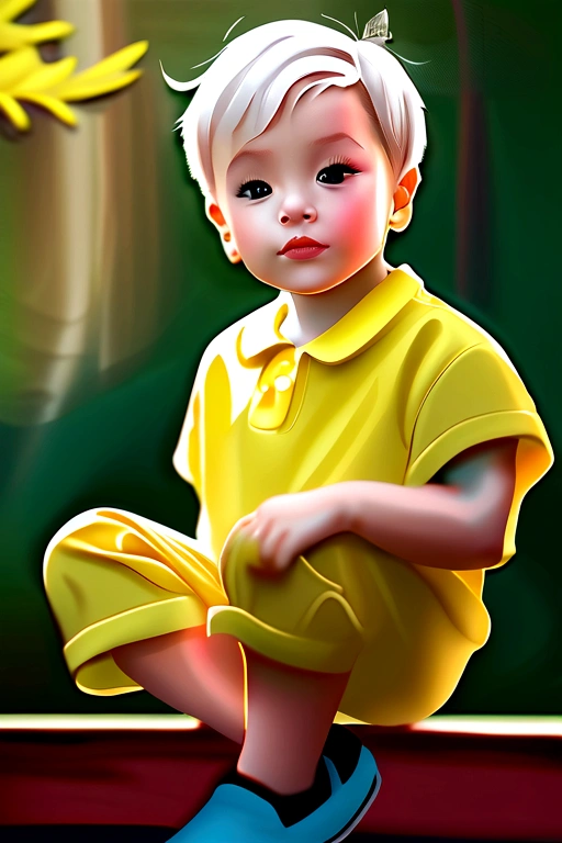 Portrait of a cute boy, 5-6 years old, with gray short bob-cut hair, big dark green eyes, and chubby bow lips. He is wearing a light yellow jumpsuit. The image is in a watercolor style, 4K, with high detail and ultra-realistic quality. Full body, full figure, with vivid colors, soft lighting, and a vibrant color palette. Sharp focus, subsurface scattering, f2, 35mm, film grain. The scene depicts a gentle, beautiful morning moment with high realism and sharpness, similar to photos taken with a Sony Alpha camera using a 100mm macro lens, resolution comparable to 8K UHD.