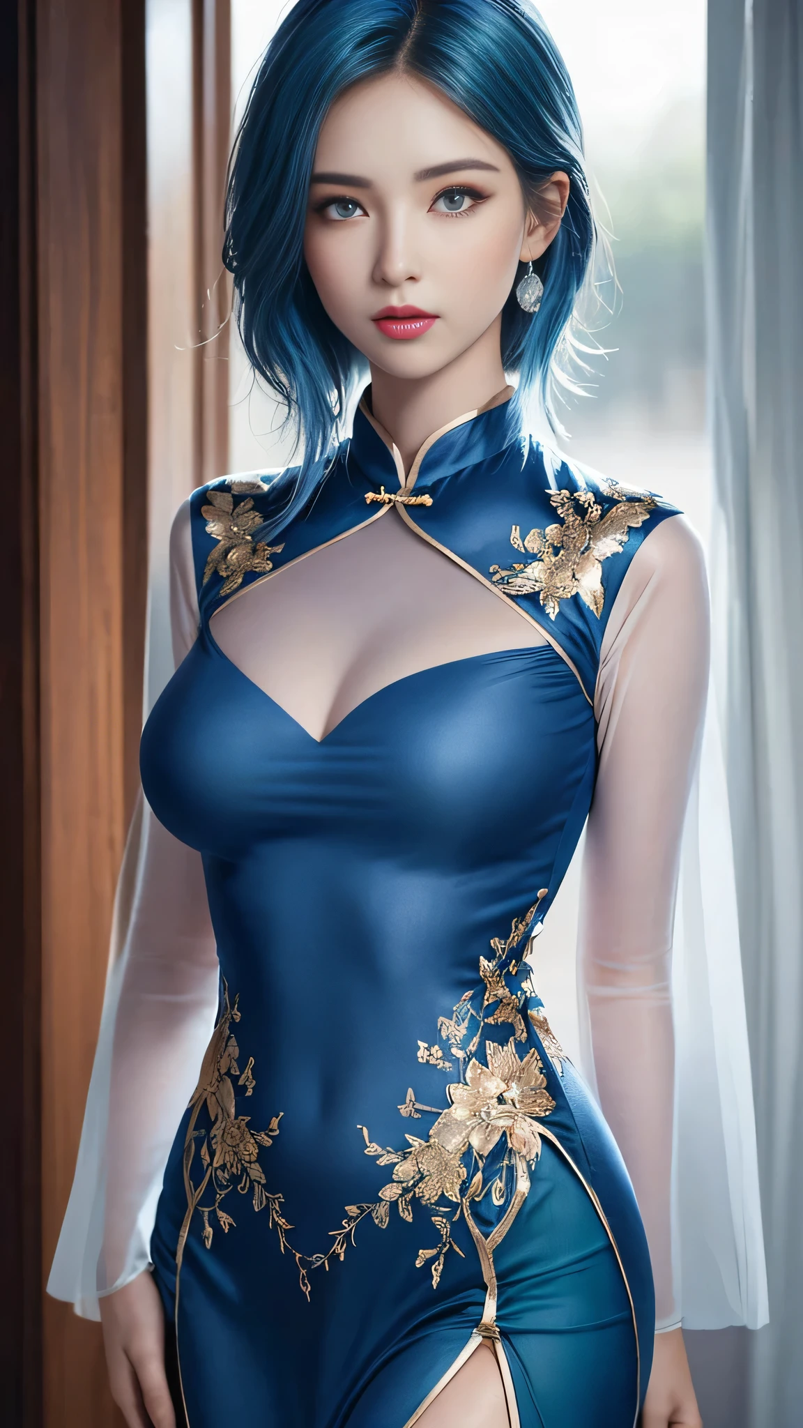 (Hyperrealistic), (illustration), (high resolution), (8K), (Extremely detailed), (Best Illustration), (Beautiful detailed eyes), (Best quality), (Ultra-detailed), (Masterpiece), (the wallpaper), (Photorealistic), (Natural light), (rim lit), (Detailed face), (Highly detailed realistic skin textures), (Anatomically correct), (Solo), (1 girl), (high detailed realistic hair), (Blue hair:1.2), spiked hair, (Heterochromic eyes), (detailed green eyes), (Small moles under the eyes), (Realistic big breasts:1.5), (Exposed breasts:1.3), (Long legs), (Slender abs), (Dynamic pose), (Closed mouth:1.3), (traditional cheongsam outfit), (Sheer clothes:1.5), NSFW,nakeness