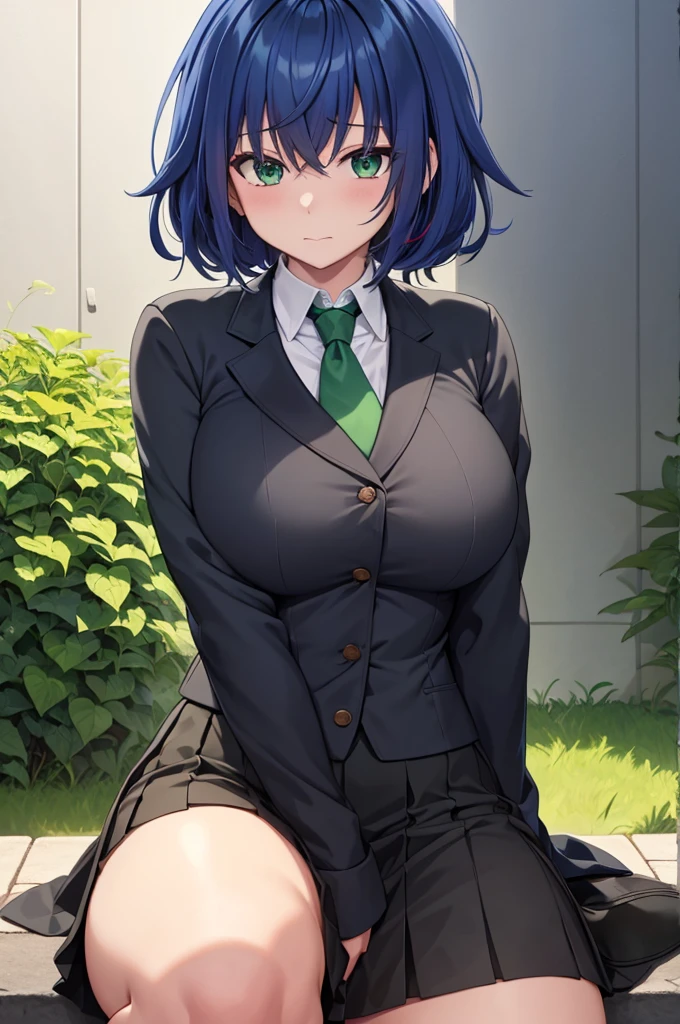 1 girl, Generate an image depicting Izuku Midoriya transformed into a female version. medium sized breast, breast 34d, cute, hot, Ensure that her beautiful green eyes and short green hair are prominently featured. Focus on her feminine body, emphasizing her great curves and overall physique. She should be wearing Izuku Midoriya's female UA High , which consists of a fitted grey blazer with green trim, tailored to perfection to hug her frame gracefully while allowing of movement. Beneath the blazer, a pristine white blouse adds a touch of purity, with a crisp collar framing her face. Around her neck, a meticulously tied green and black striped necktie reflects her attention to detail and determination. The pleated green skirt falls just above the knee, swaying gently with each step, its vibrant hue mirroring the lush greenery of the hero academy grounds. Completing the ensemble are knee-high socks, snugly hugging her calves for warmth and support, paired with sleek black loafers offering both style and functionality. A green ribbon is woven into her hair, a splash of color amidst the darkness, with her hair styled in a short bob with soft waves. This image should capture Izuku Midoriya's feminine yet powerful presence, ready to take on any challenge as she trains to become the hero she is destined to be. Ensure the image is of high quality, preferably 8k resolution, with highly detailed and beautiful rendering.
