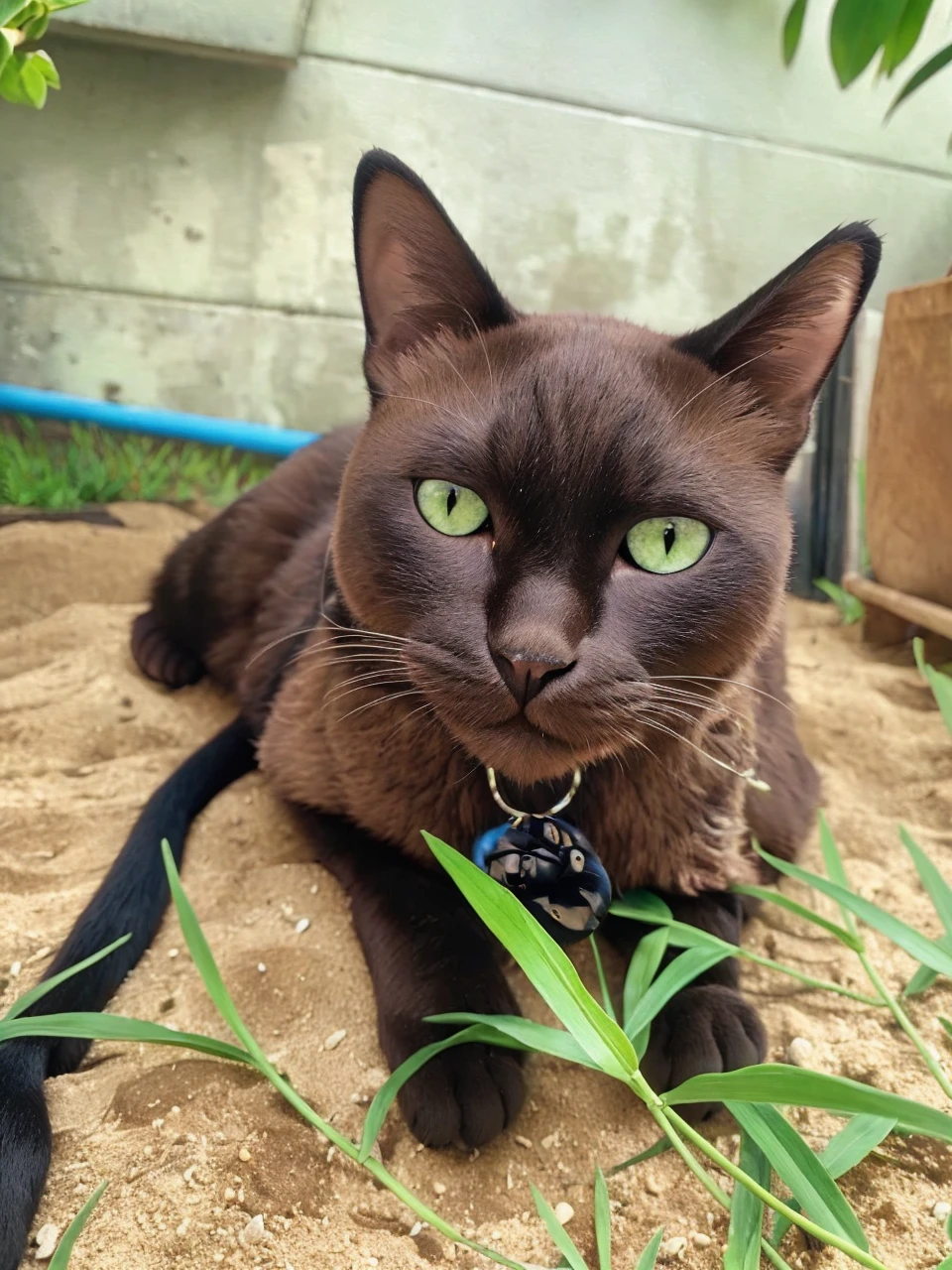 The black cat lying on the sand is a king.