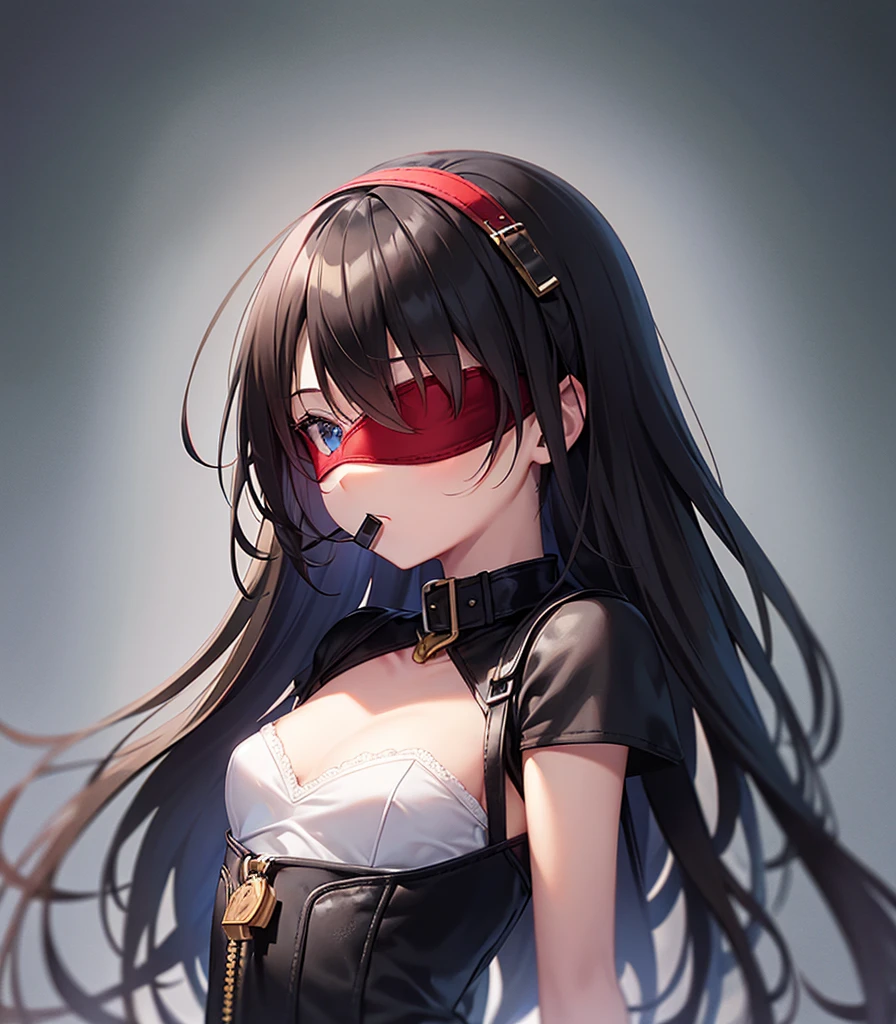Slave Collar,(Lock),padlock,((red blindfold)),(gag),Cute little ,Tiny ,Small girl,,Childish face, Very fine clean face,Top quality,(Dark Room), Subtle light, Natural light,Soft lighting,Light from directly behind, (Are standing),Front view,Black background